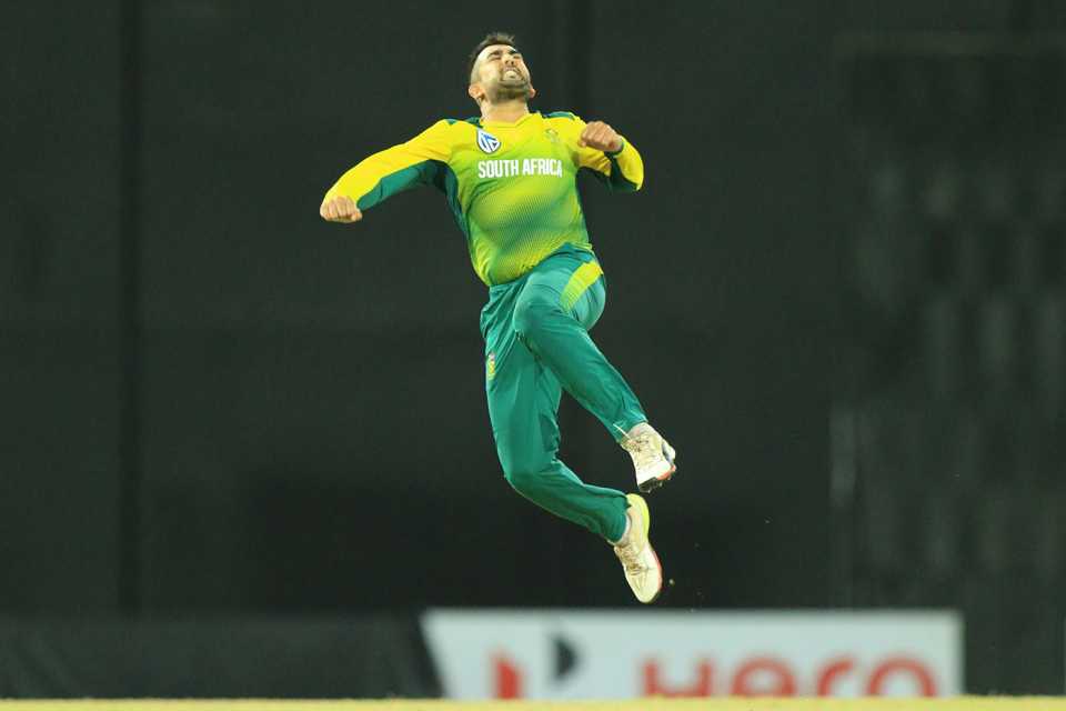 Tabraiz Shamsi leaps in celebration, Sri Lanka v South Africa, only T20I, R Premadasa Stadium, Colombo, August 14, 2018