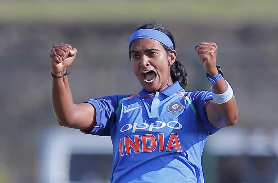 Shikha Pandey celebrates a wicket, Sri Lanka women v India women, 2nd ODI, Galle, September 13, 2018