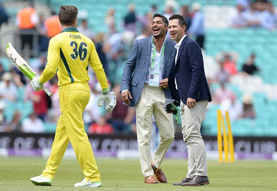 Kumar Sangakkara and Ricky Ponting laugh with Tim Paine at the  first Royal London One-Day International match between England and Australia, Oval, London, June 13, 2018.