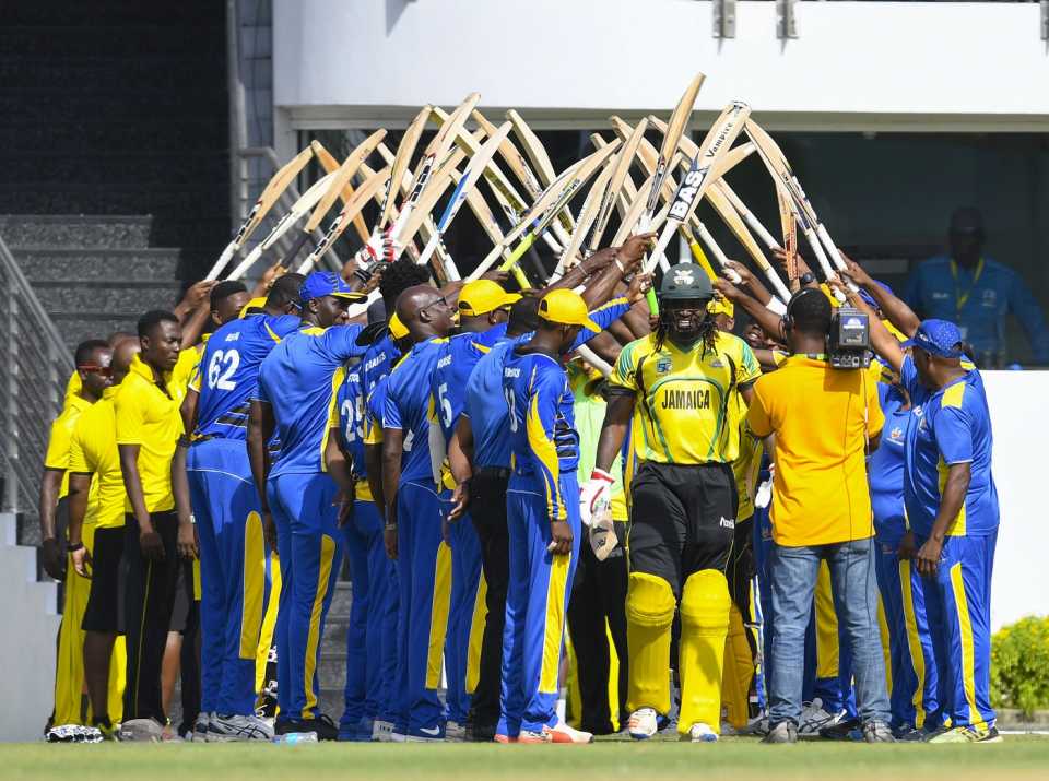 Chris Gayle, playing his final 50-over game for Jamaica, receives guard of honour from both teams, Barbados v Jamaica, Super 50 Cup, Bridgetown, October 6, 2018