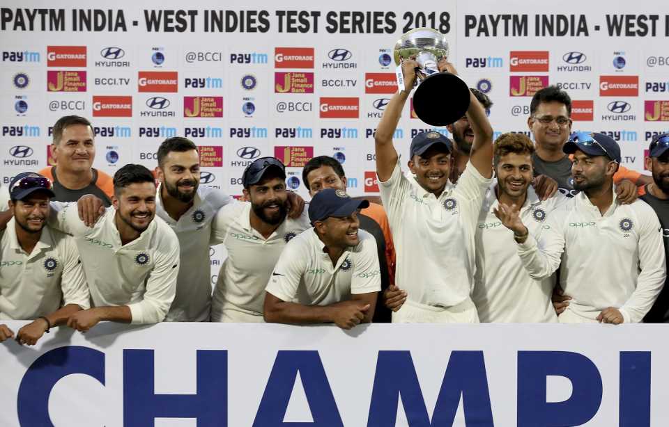 India players pose with the trophy after winning the series, India v West Indies, 2nd Test, Hyderabad, 3rd day, October 14, 2018