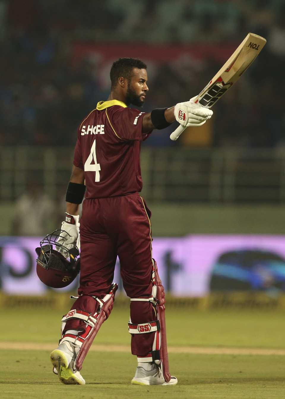 Shai Hope raises his bat after a century, India v West Indies, 2nd ODI, Visakhapatnam, October 24, 2018