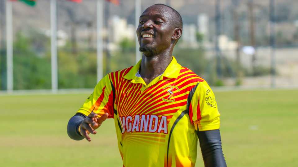 Charles Waiswa leads the team off the field after a brilliant spell, Denmark v Uganda, ICC World Cricket League Division Three, Al Amerat, November 9, 2018