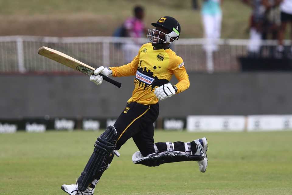 Nono Pongolo takes off in celebration after hitting two sixes to win the match, Durban Heat v Jozi Stars, Mzansi Super League, Durban, December 7, 2018