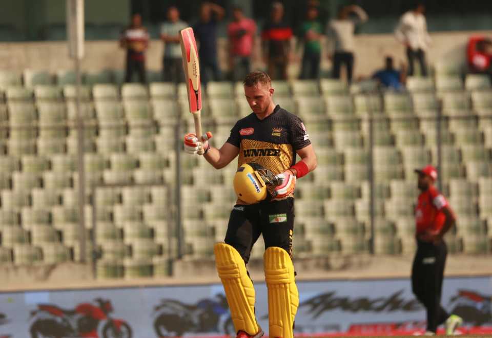 Laurie Evans hit 104 not out in 62 balls, Comilla Victorians v Rajshahi Kings, Bangladesh Premier League, Dhaka, January 21, 2019