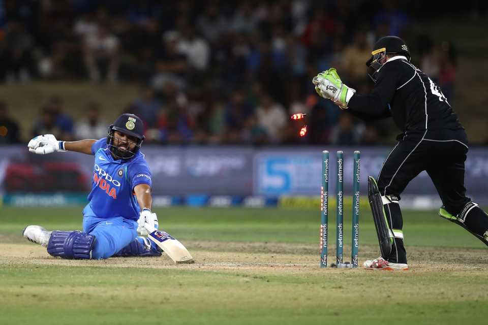 Rohit Sharma is stumped by Tom Latham, India v New Zealand, 3rd ODI, Mount Maunganui, January 28, 2019