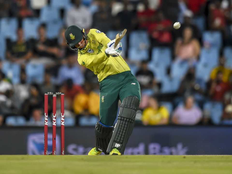 Rassie van der Dussen hammers a ball through the on-side, South Africa v Pakistan, 3rd T20I, Centurion, February 6, 2019