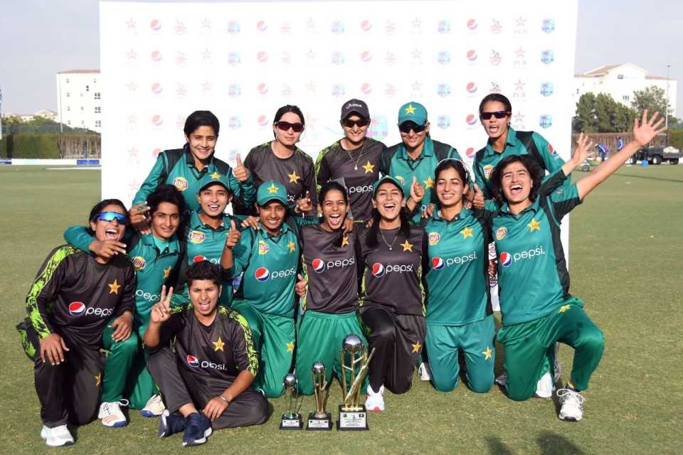 The victorious Pakistan women pose with the trophy after beating West Indies women for the first time in an ODI series