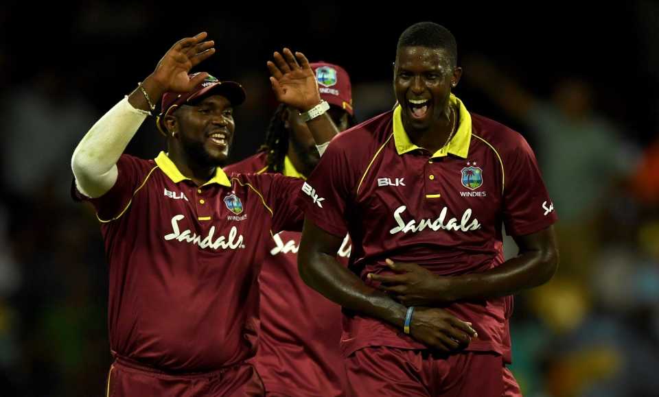Jason Holder is chuffed after picking up a wicket, West Indies v England, 2nd ODI, Bridgetown, February 22, 2019