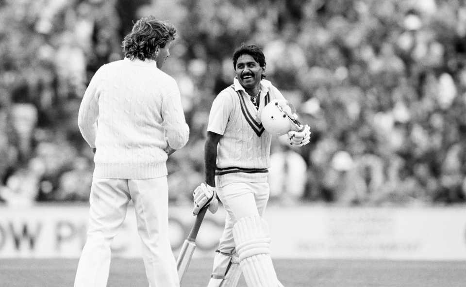 Javed Miandad laughs as he walks past Ian Botham after being dismissed for 113, England v Pakistan, 1st ODI, The Oval, May 21, 1987
