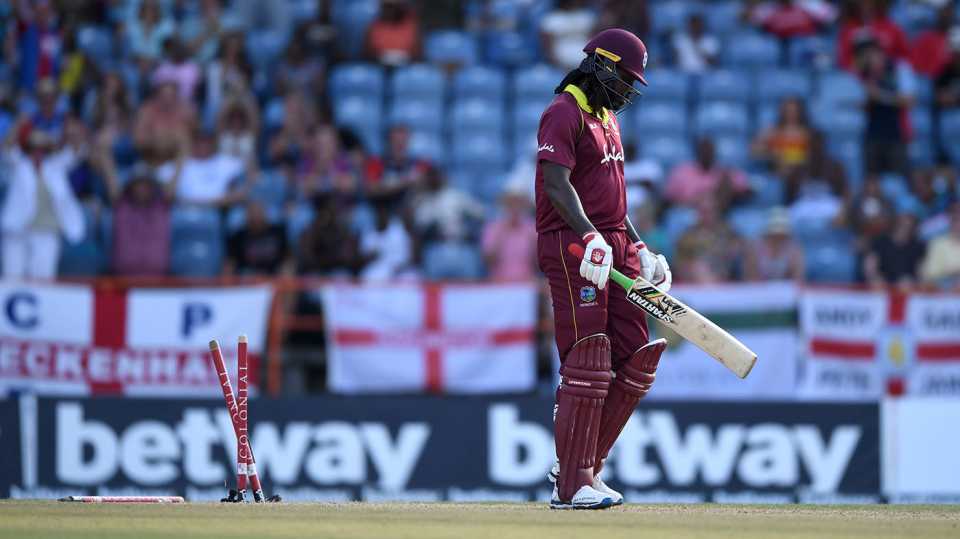 Chris Gayle is bowled by Ben Stokes, West Indies v England, 4th ODI, Grenada, February 27, 2019
