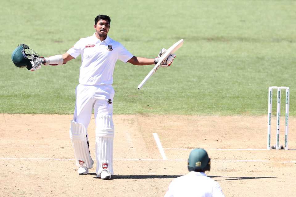 Soumya Sarkar celebrates scoring his maiden Test century, New Zealand v Bangladesh, 1st Test, Hamilton, 4th day, March 3, 2019