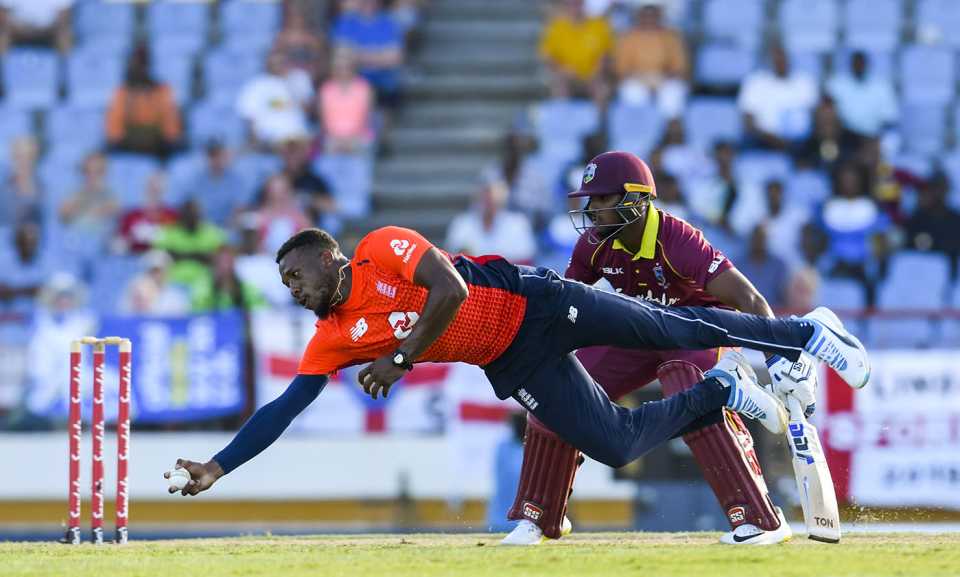 Chris Jordan takes an athletic caught and bowled to dismiss Darren Bravo, West Indies v England, 1st T20I, St Lucia, March 5, 2019