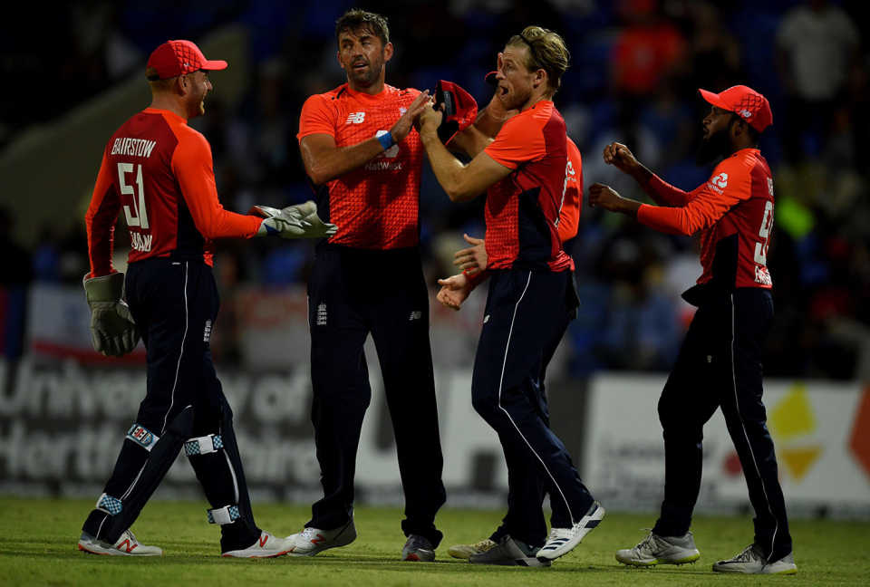 Liam Plunkett gets a few high fives, West Indies v England, 2nd T20I, , St Kitts, March 8, 2019