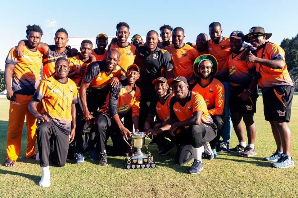 The Eagles players and technical stuff celebrate with the Pro50 Championship Trophy, Mashonaland Eagles v Matabeleland Tuskers, Pro50 Championship final, Harare, March 9, 2019