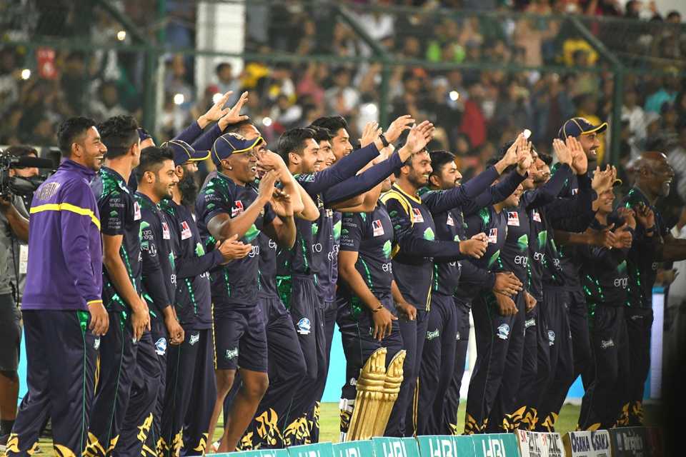 The Quetta Gladiators team ready to celebrate the winning moment