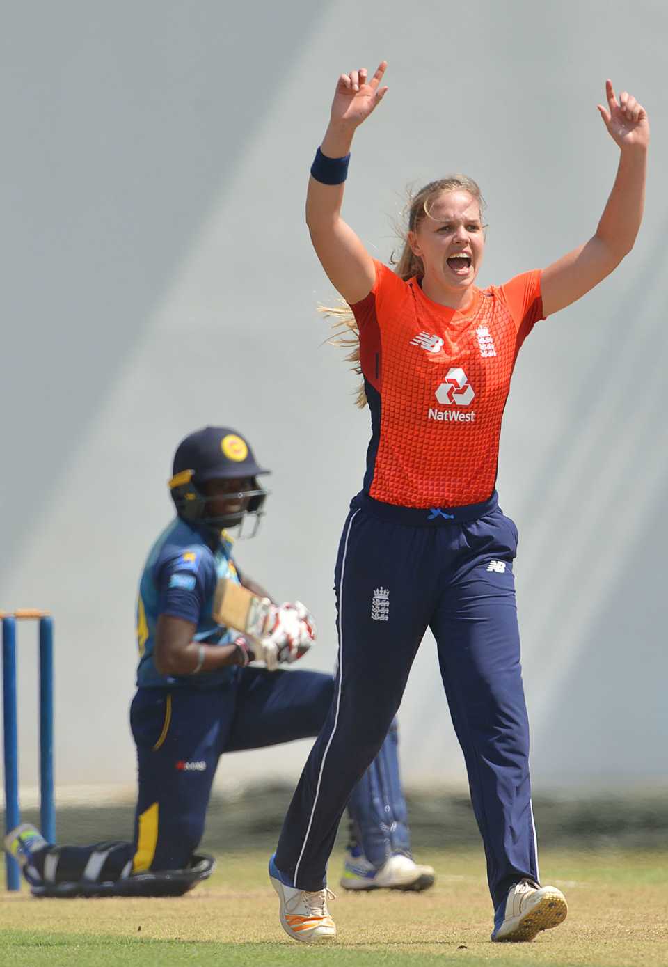 England's Freya Davies celebrates after dismissing Umesha Thimashini of Sri Lanka