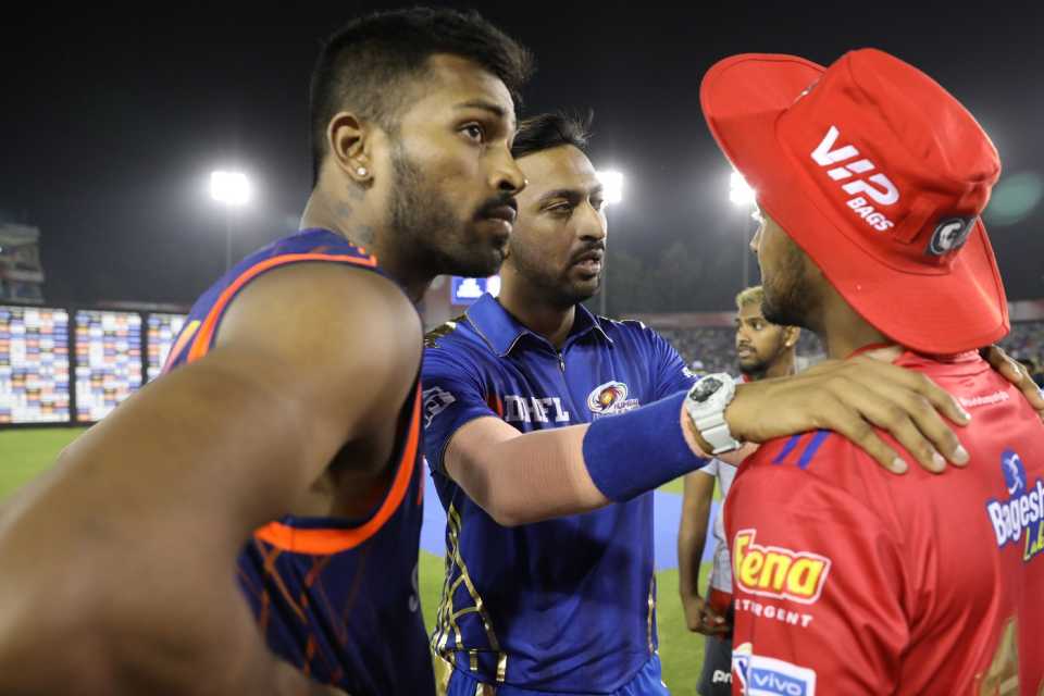 Krunal Pandya chats with Mayank Agarwal after the match, Kings XI Punjab v Mumbai Indians, IPL 2019, Mohali, March 30, 2019