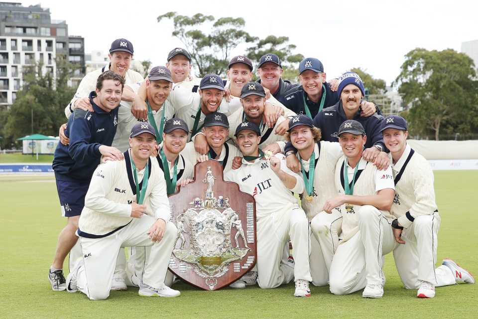 Victoria celebrate the  Sheffield Shield 2018-19 title win, their fourth in the last five years, Victoria v NSW, Sheffield Shield 2018-19, final, 4th day, Melbourne, March 31, 2019