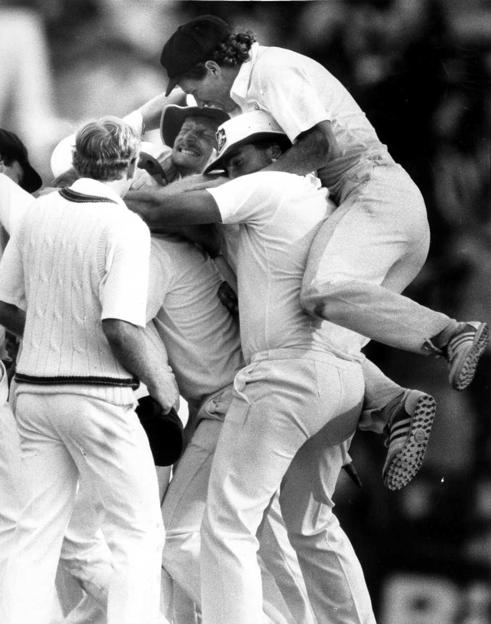 Peter Taylor, named man of the match, is swamped by teammates, 5th Test, England tour of Australia,the SCG, Sydney, Jan 15, 1987