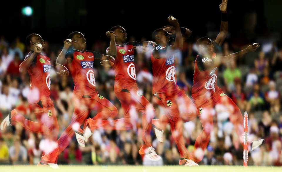 A multiple exposure photo of Dwayne Bravo running in to bowl for the Melbourne Renegades, Melbourne Renegades v Sydney Sixers, Big Bash League 2015-16, Melbourne, December 23, 2015