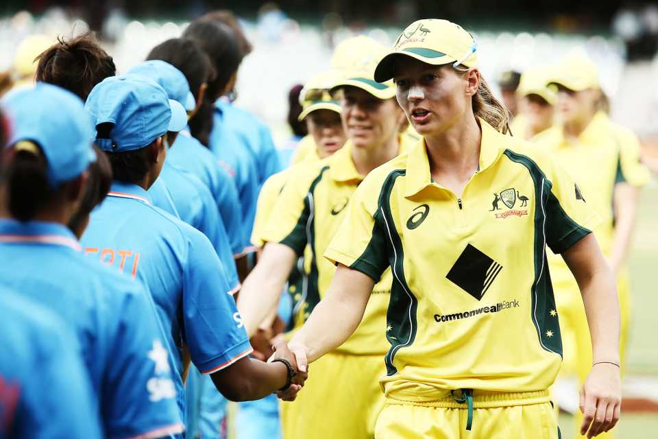Meg Lanning and her team-mates shake hands with the Indian players, Australia v India, 1st Women's T20, Adelaide, January 26, 2016
