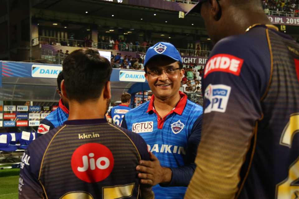 Sourav Ganguly shakes hands with the Kolkata Knight Riders players, Kolkata Knight Riders v Delhi Capitals, IPL 2019, Kolkata, April 12, 2019