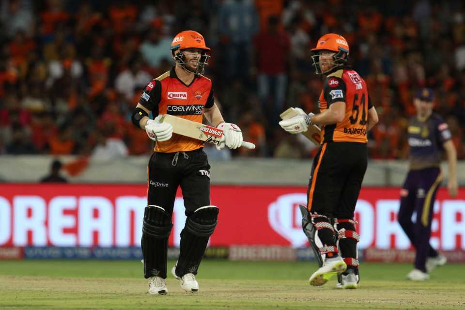 Jonny Bairstow and David Warner run between the wickets, Sunrisers Hyderabad v Kolkata Knight Riders, IPL 2019, Hyderabad, April 21, 2019