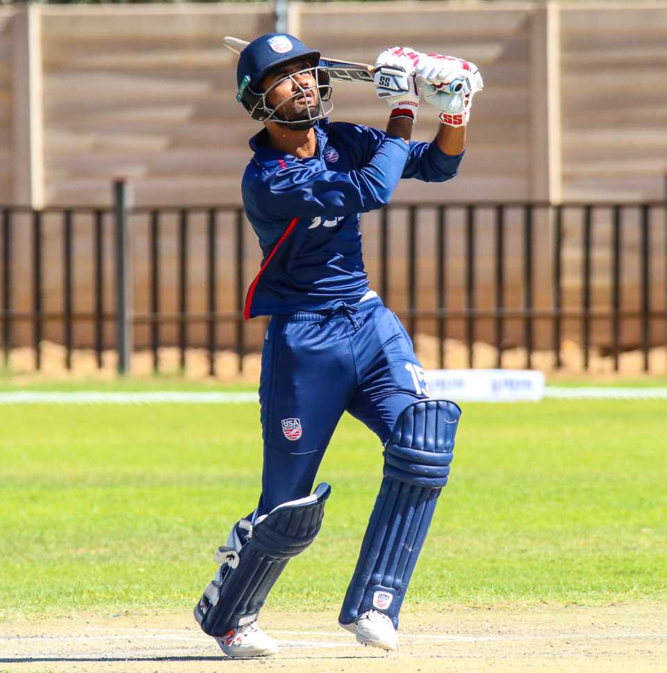 Monank Patel drives over mid-off, Papua New Guinea v USA, WCL Division Two, Windhoek, April 23, 2019