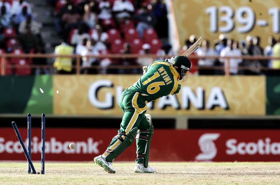 Makhaya Ntini is bowled by Lasitha Malinga, who took four wickets in four balls