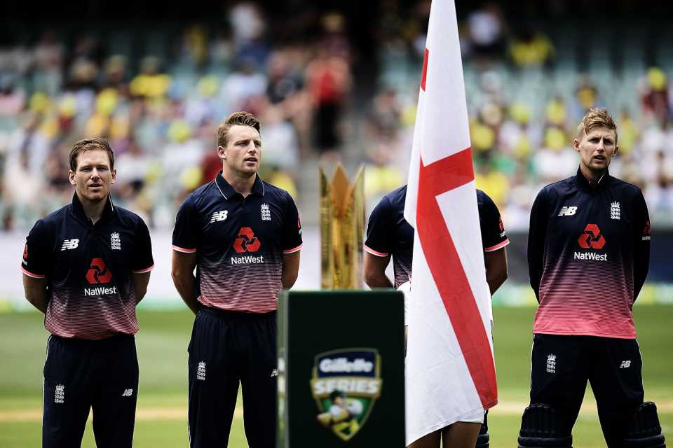 Eoin Morgan and his team-mates line up for the national anthems