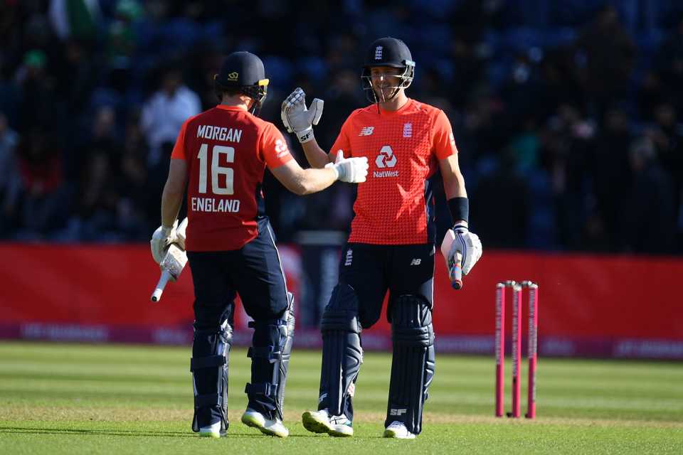 Eoin Morgan and Joe Denly celebrate victory, England v Pakistan, only T20I, Cardiff, May 5, 2019