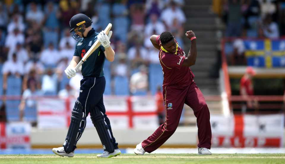Oshane Thomas claims the wicket of Eoin Morgan, West Indies v England, 5th ODI, Barbados, March 2, 2019