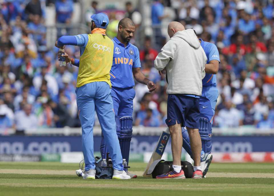 Shikhar Dhawan was hit on his left hand early in his innings against Australia, Australia v India, World Cup 2019, The Oval, June 9, 2019