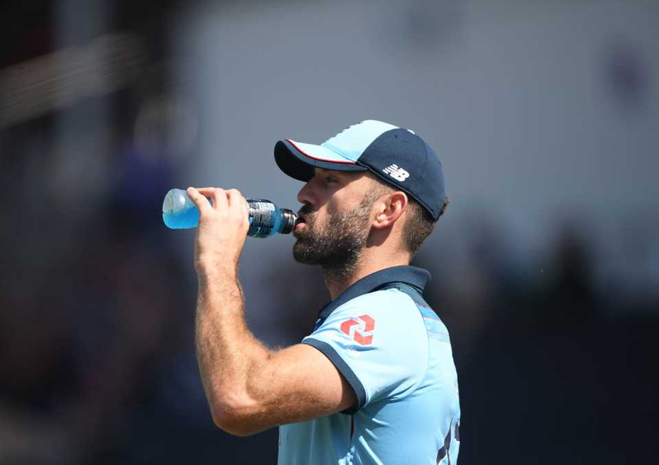 Liam Plunkett takes a drinks break, England v New Zealand, World Cup 2019, Chester-le-Street, July 3, 2019
