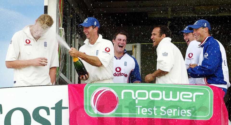 Andrew Flintoff, Michael Vaughan, Andrew Strauss, Mark Butcher, Steve Harmison and Marcus Trescothick celebrate winning the second npower Test