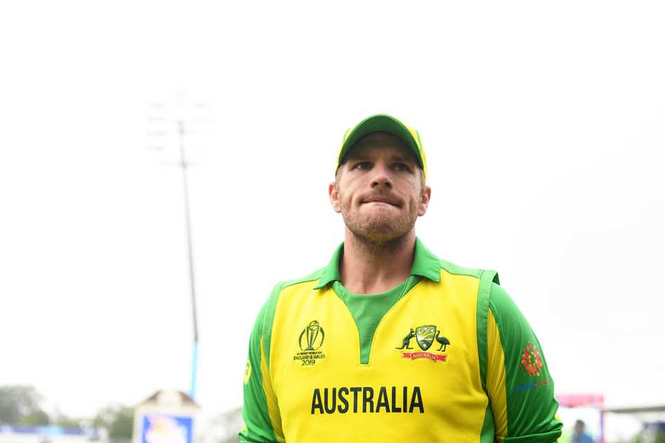 Aaron Finch looks on during Australia's semi-final defeat at the World Cup, England v Australia, World Cup 2019, Edgbaston, July 11, 2019