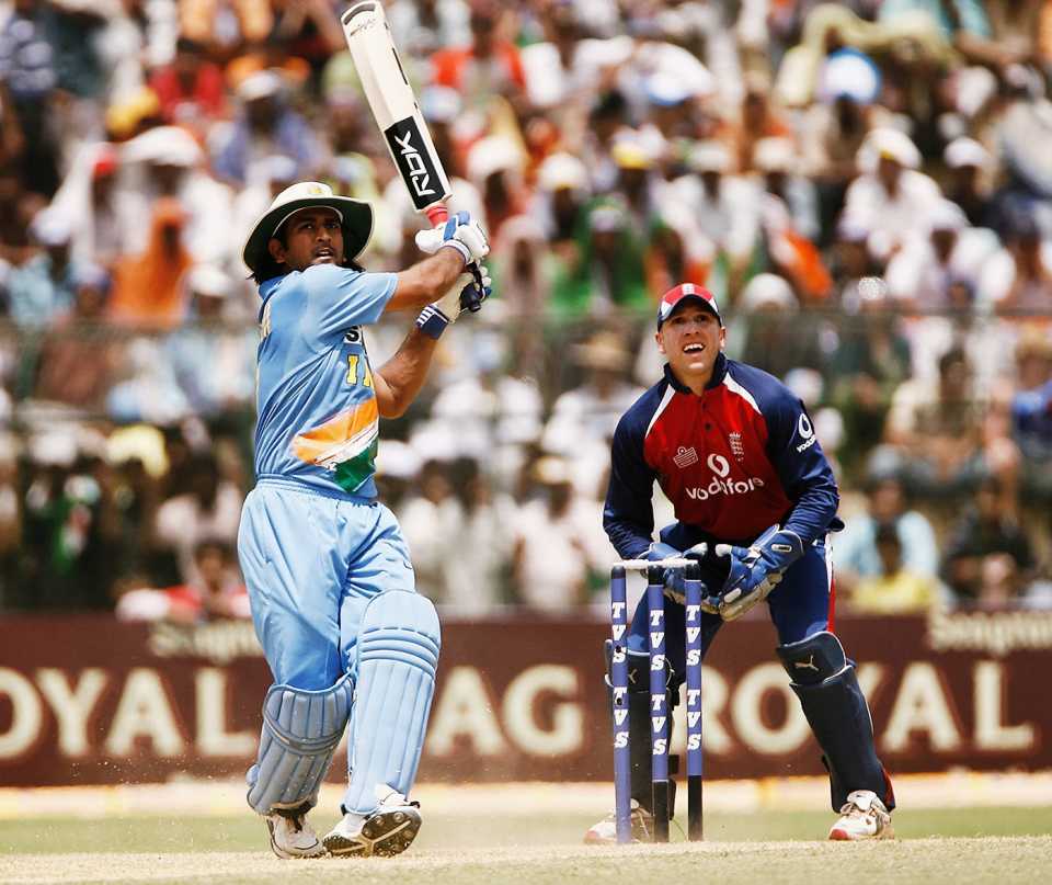 MS Dhoni hits one to the leg side, India v England, 6th ODI, Jamshedpur, April 12, 2006