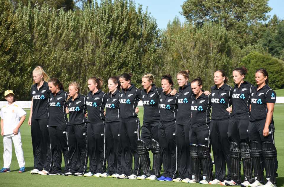New Zealand women line up for the national anthem, New Zealand v West Indies, 1st ODI, Lincoln, March 4, 2018