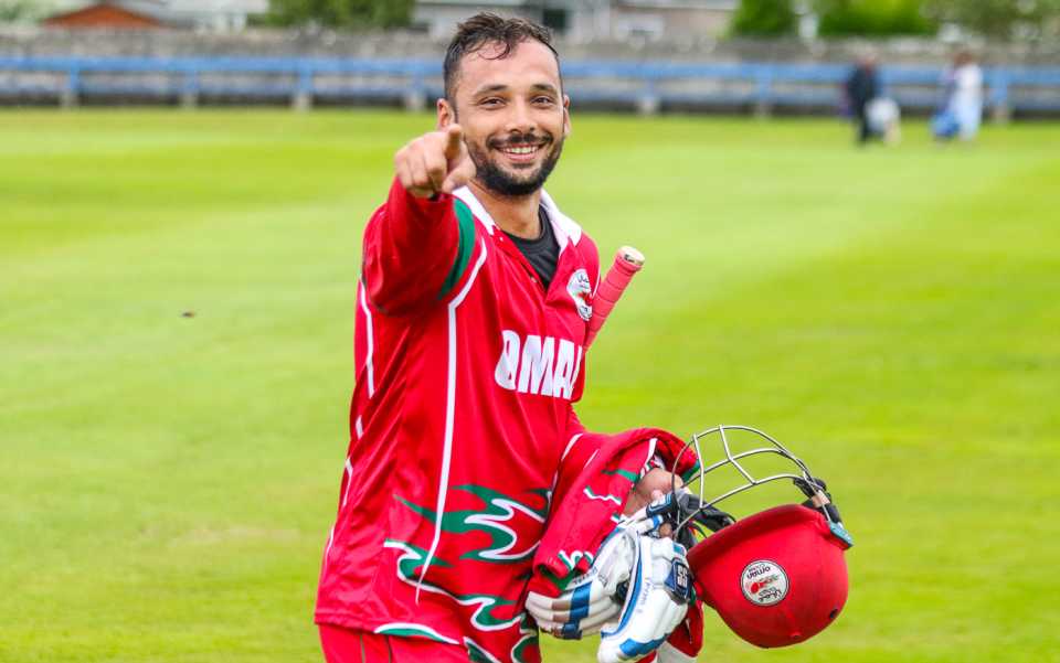 Fayyaz Butt walks off elated with 32* in an unbeaten 90-run seventh wicket stand to take Oman to their maiden ODI win, Oman v Papua New Guinea, CWC League Two tri-series, 1st ODI, Aberdeen, August 14, 2019