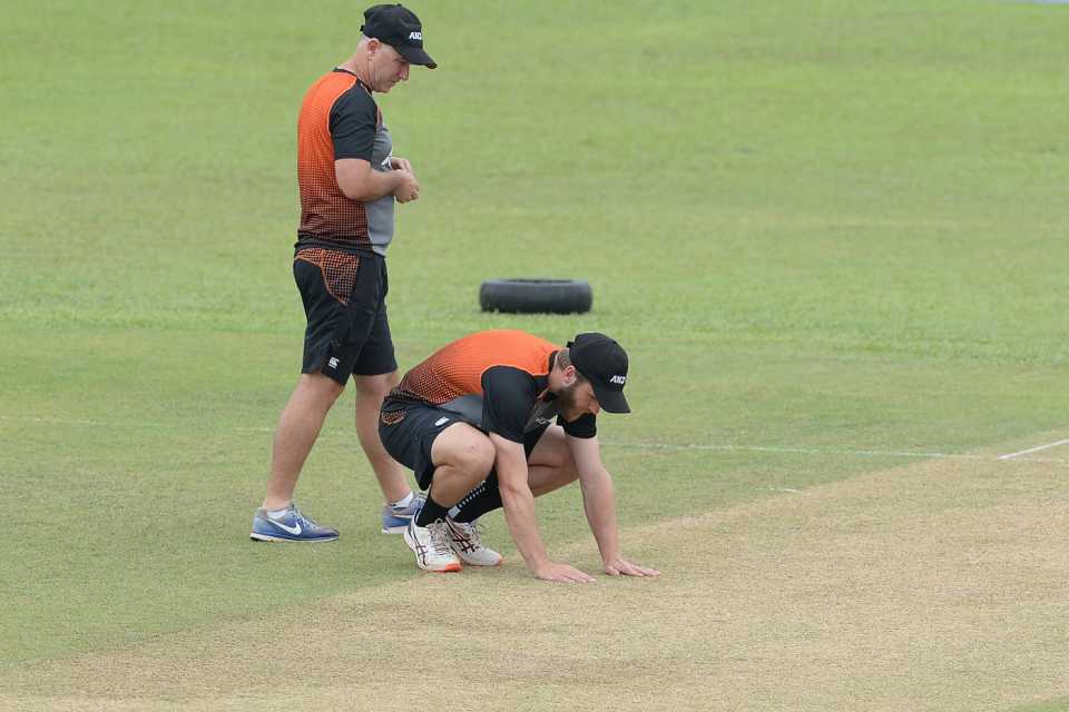 Kane Williamson has a close look at the pitch