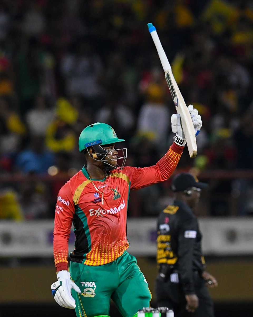 Shimron Hetmyer raises his bat after getting to a half-century, Guyana Amazon Warriors v St Kitts & Nevis Patriots, CPL 2019, Providence, September 7, 2019