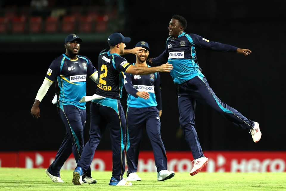 Hayden Walsh celebrates with his team-mates, St Kitts and Nevis Patriots v Barbados Tridents, CPL 2019, Basseterre, September 11, 2019