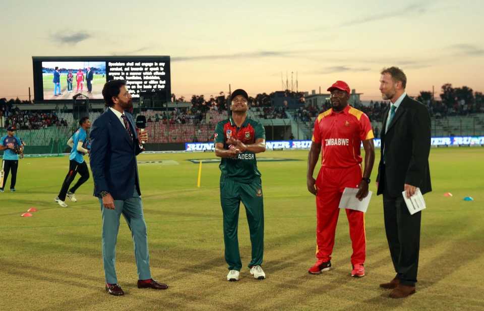 Shakib Al Hasan flips the coin before the start of the game, Bangladesh v Zimbabwe, T20I tri-series, 4th game, Chattogram, September 18, 2019