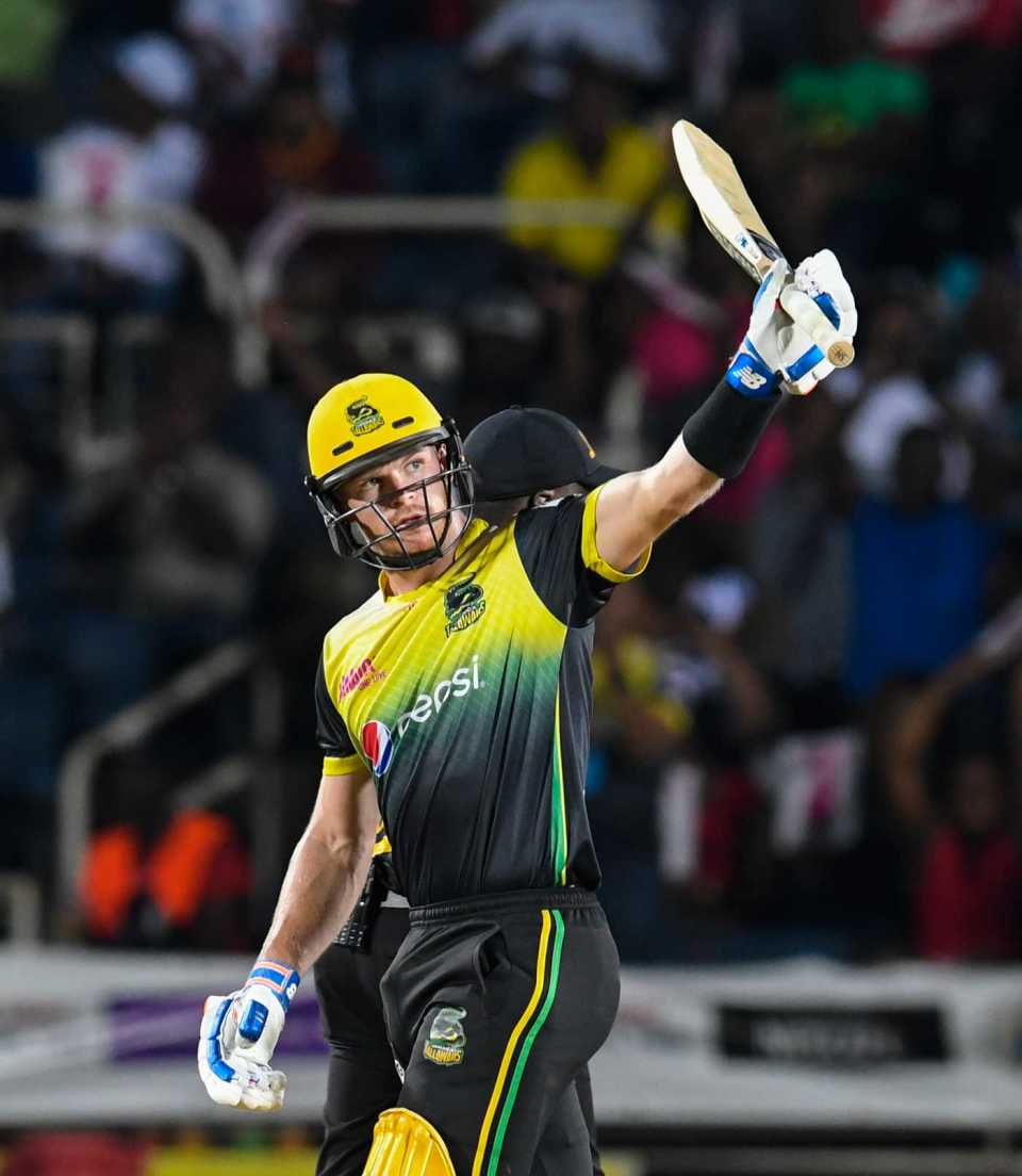 Glenn Phillips raises his bat after getting to a half-century, Jamaica Tallawahs v St Kitts and Nevis Patriots, CPL 2019, Kingston, September 19, 2019