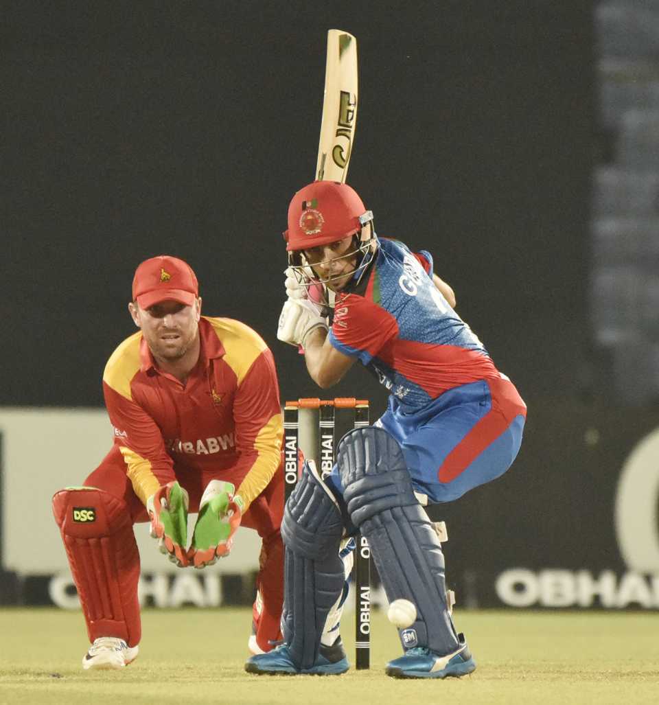 Rahmanullah Gurbaz shapes to play a shot, Afghanistan v Zimbabwe, T20 Tri-series, Chattogram, September 20, 2019