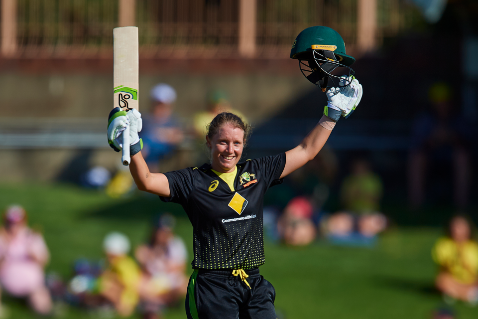 Alyssa Healy celebrates her maiden T20I century