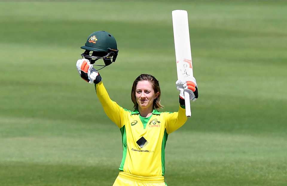 Rachael Haynes celebrates her maiden ODI century, Australia v Sri Lanka, 2nd Women's ODI, Brisbane, 7 October 2019