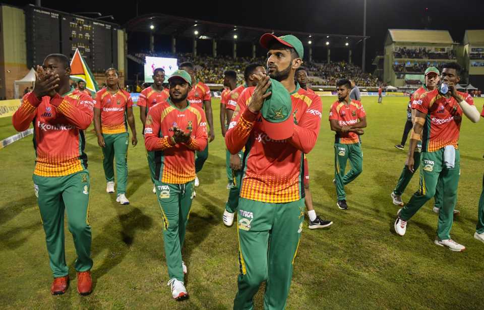 Shoaib Malik leads the way as Guyana Amazon Warriors players take a victory lap around the ground, Barbados Tridents v Guyana Amazon Warriors, Qualifier 1, CPL 2019, Barbados, October 7, 2019