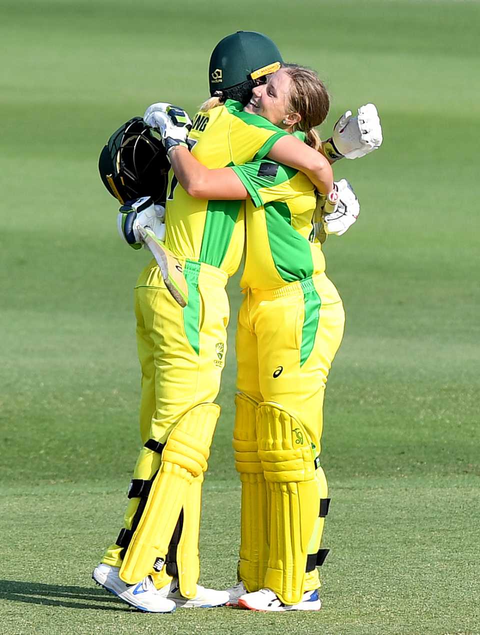 Alyssa Healy gets a hug from Meg Lanning after reaching her century, Australia Women v Sri Lanka Women, 3rd ODI, Brisbane, October 9, 2019